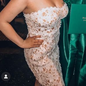 White Floral Lace whth Nude Lining Strapless Bodycon Midi Dress